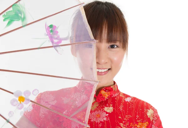 中国旗袍女孩与伞 — 图库照片