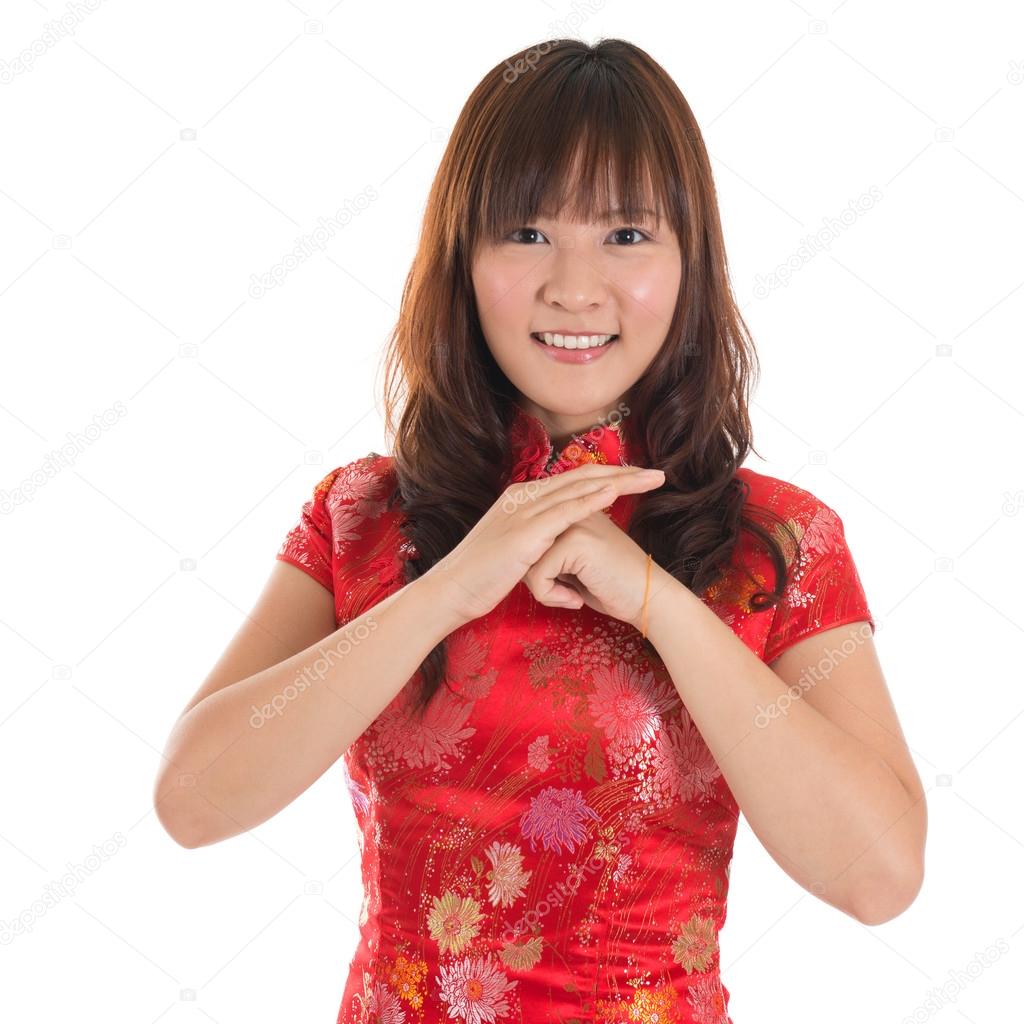 Chinese cheongsam girl greeting