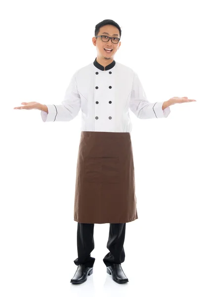 Happy Asian chef welcoming pose — Stock Photo, Image