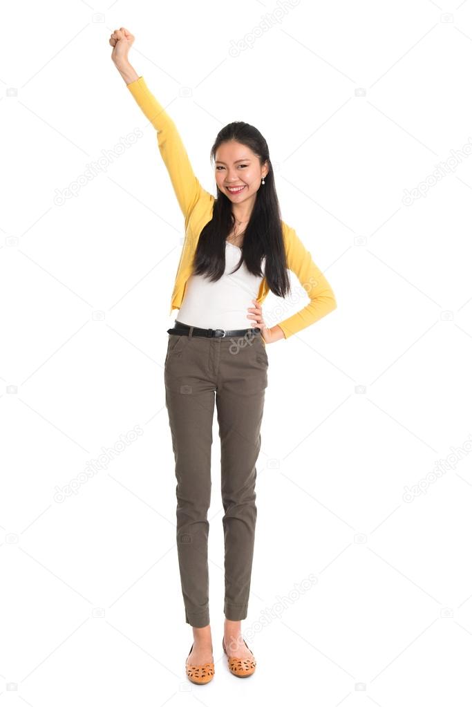 Asian woman one hand up
