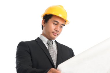 Asyalı erkek giydiği sarı hardhat mavi baskı kağıdı arıyorum.
