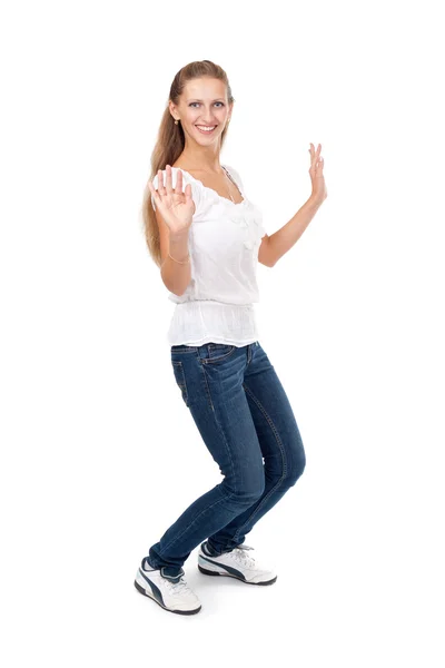 Beautiful girl dancing on a white background — Stock Photo, Image
