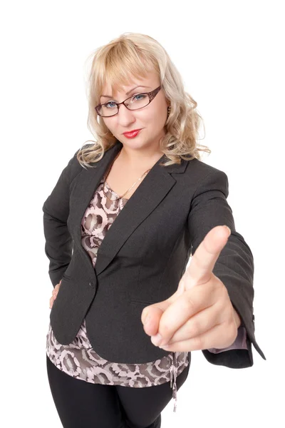Strenge Geschäftsfrau mit Brille schüttelt den Finger — Stockfoto