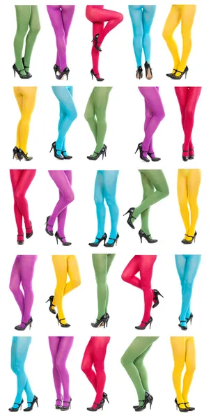 Collage av välväxt kvinnliga ben i färgglada strumpbyxor. — Stockfoto