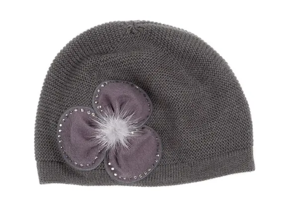 Female gray knitted cap with ornament — Stock Photo, Image