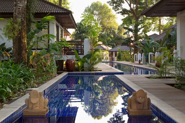 Zwembad met palmbomen in een exotische hotel — Stockfoto