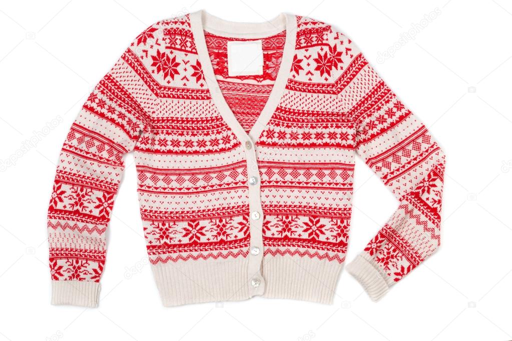 Bright knitted sweater with red pattern