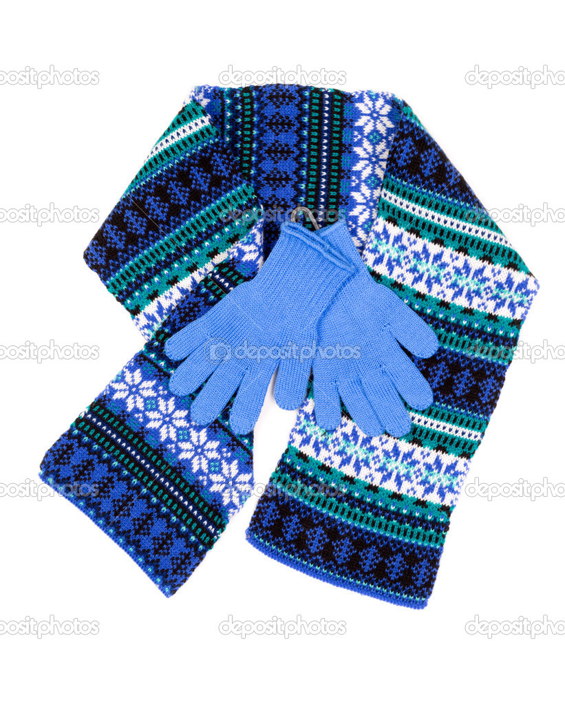 patterned scarf and blue gloves