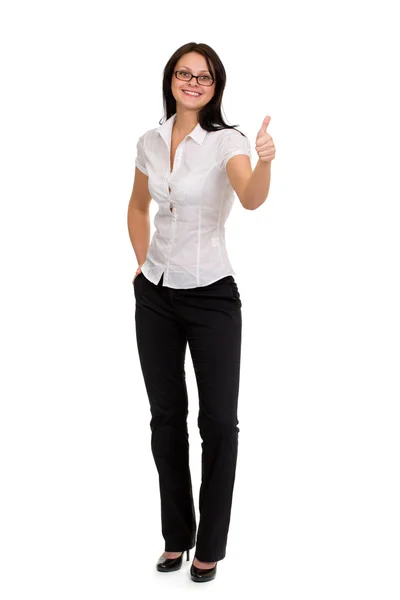 Smiling businesswoman showing ok on white background Stock Picture