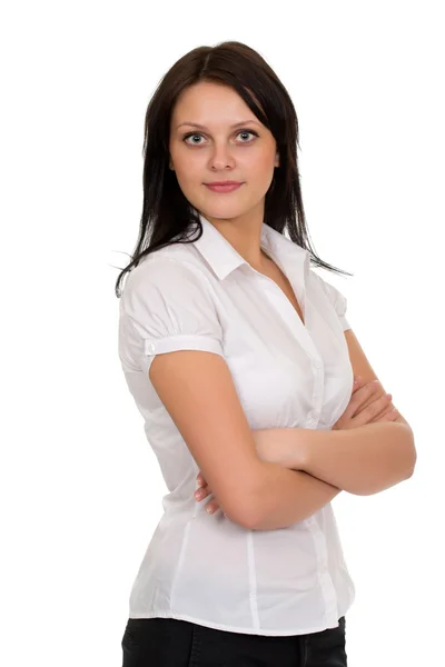 Jonge mooie brunette meisje in een witte blouse — Stockfoto