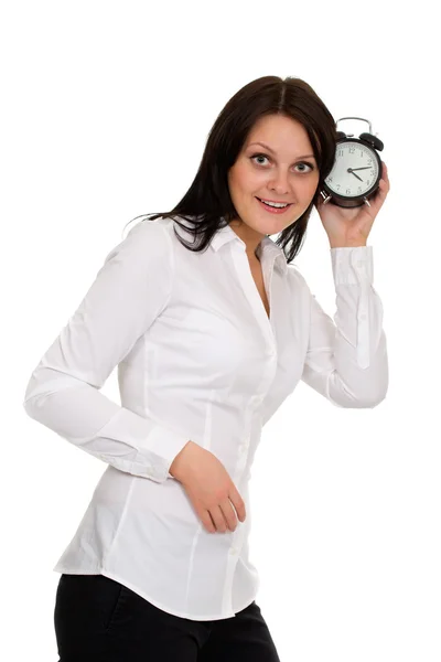 Beautiful girl with alarm clock — Stock Photo, Image