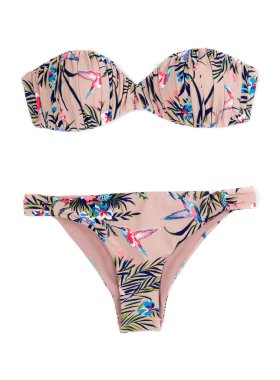 bej tek parça streç giysi tropik desenli