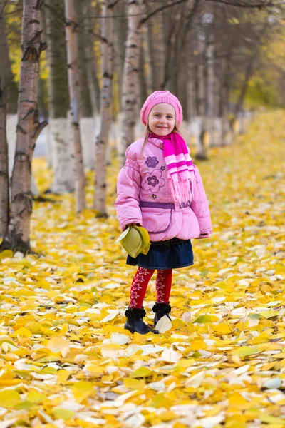 Klein meisje buiten in de herfst park — Stockfoto