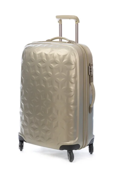 Beige plastic suitcase on wheels for travel. — Stock Photo, Image