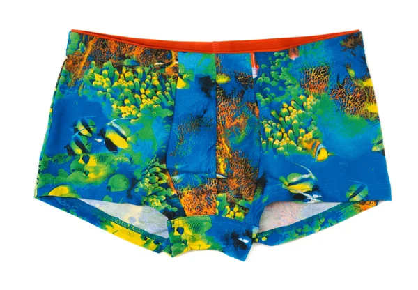 Men's boxer shorts with a colored pattern underwater world. — Stock Photo, Image