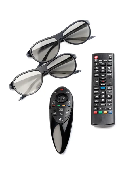 Two pairs of 3D glasses and remote control TV — Stock Photo, Image