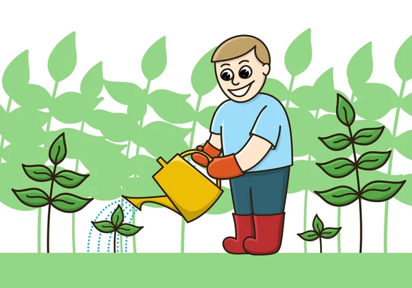 Ein Gärtner gießt Pflanzen mit der Gießkanne Stockillustration