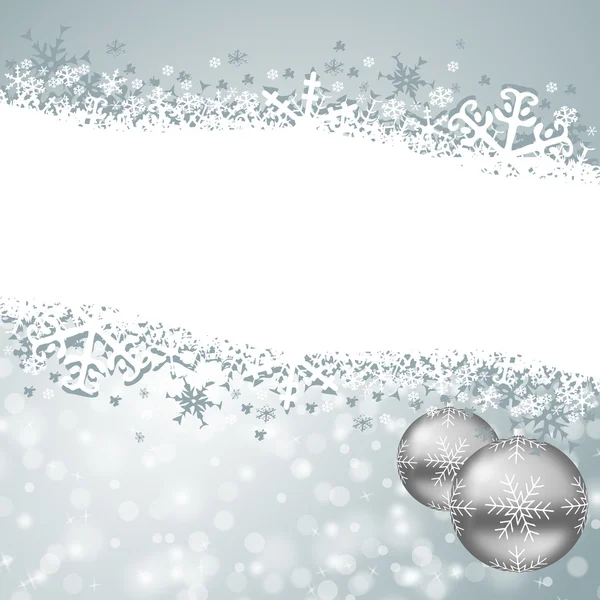 Julkort med snöflingor och julgranskulor — Stockfoto