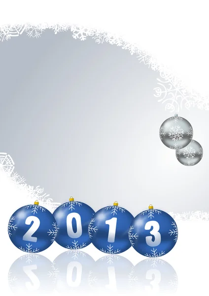 Nyårskort med snöflingor och julgranskulor — Stockfoto