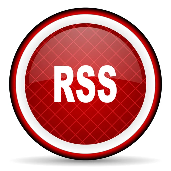 Rss icono brillante rojo sobre fondo blanco — Foto de Stock