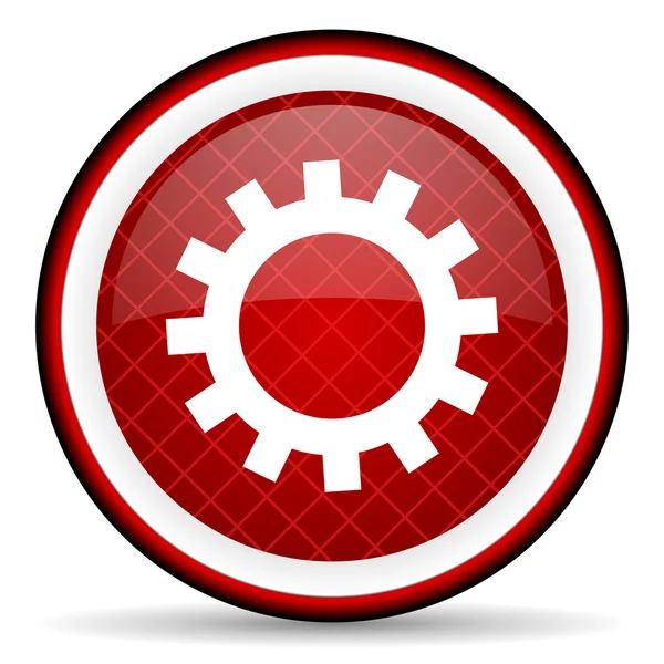 Lesklý ikona Gears červené na bílém pozadí — Stock fotografie