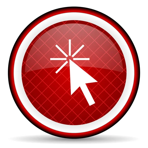 Klik hier rode glanzende pictogram op witte achtergrond — Stockfoto