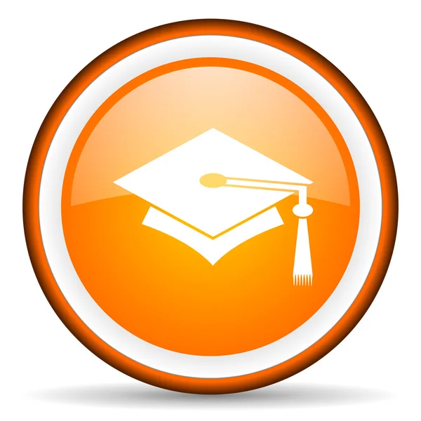 Αποφοίτηση πορτοκαλί κύκλο γυαλιστερό εικονίδιο σε άσπρο φόντο — Φωτογραφία Αρχείου