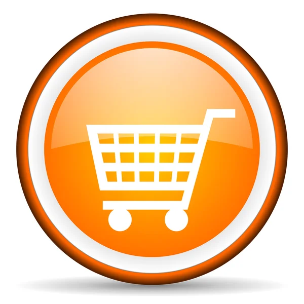 Carrello shopping arancio lucido cerchio icona su sfondo bianco — Foto Stock