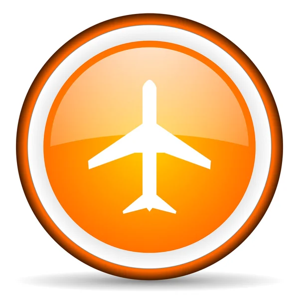 Самолет оранжевый глянцевый круг значок на белом фоне — стоковое фото