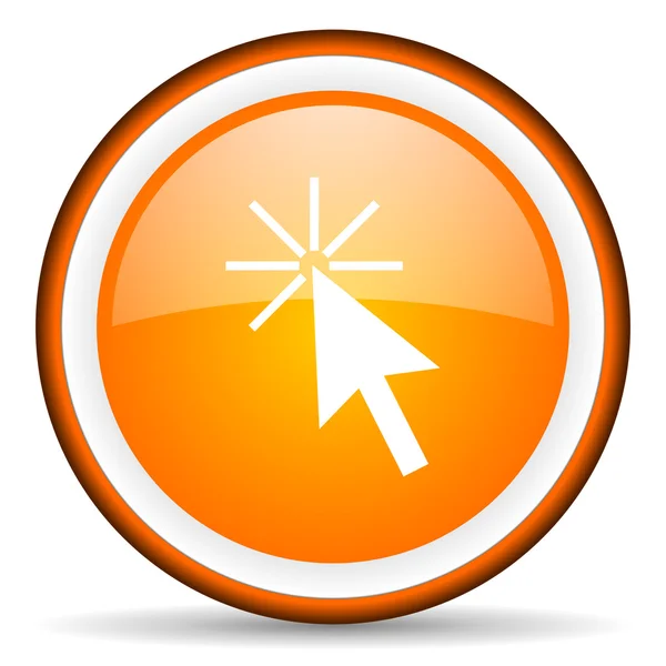 Clicca qui arancione cerchio lucido icona su sfondo bianco — Foto Stock