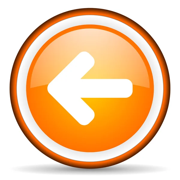 Pil vänster orange glansig cirkel ikonen på vit bakgrund — Stockfoto