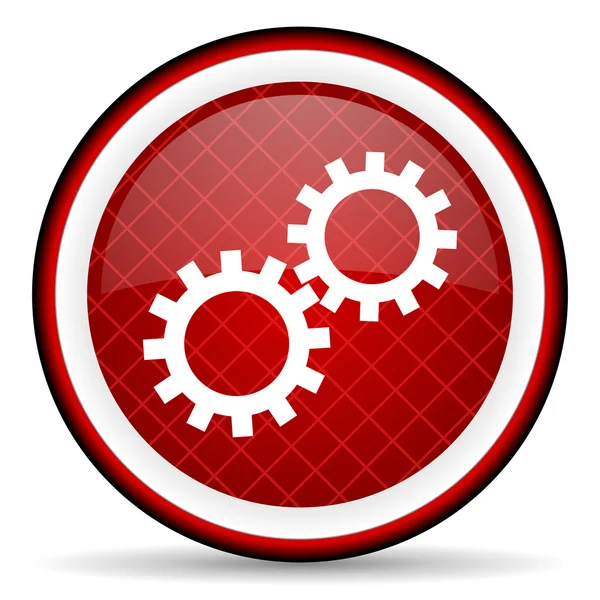 Lesklý ikona Gears červené na bílém pozadí — Stock fotografie