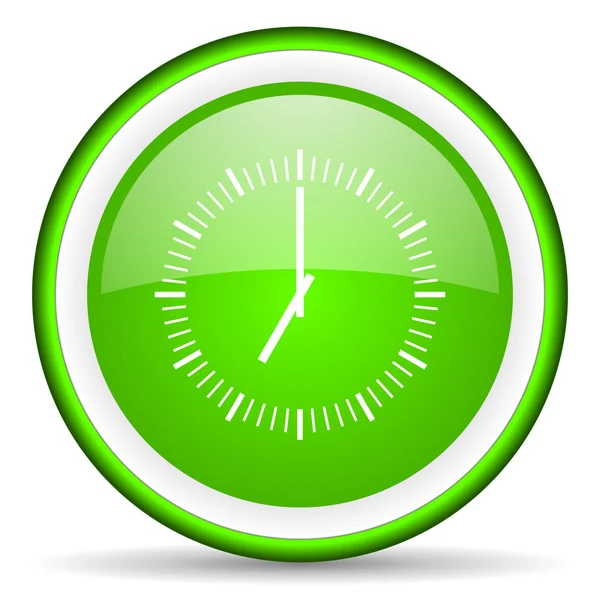 Clock green glossy icon on white background — Stock Photo, Image