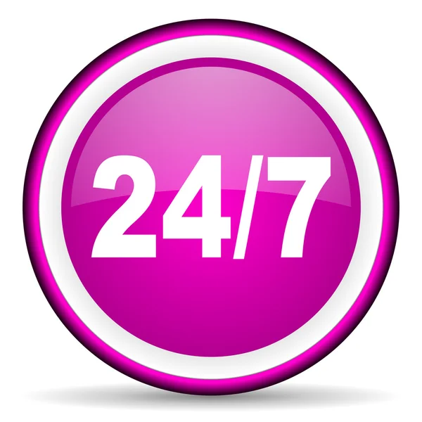 24 för 7 violett glänsande ikonen på vit bakgrund — Stockfoto