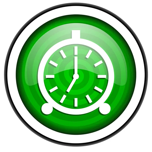 Будильник зелена глянсова іконка ізольована на білому тлі — стокове фото