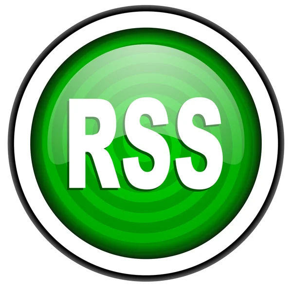 Γυαλιστερό πράσινο RSS εικονίδιο που απομονώνονται σε λευκό φόντο — Φωτογραφία Αρχείου