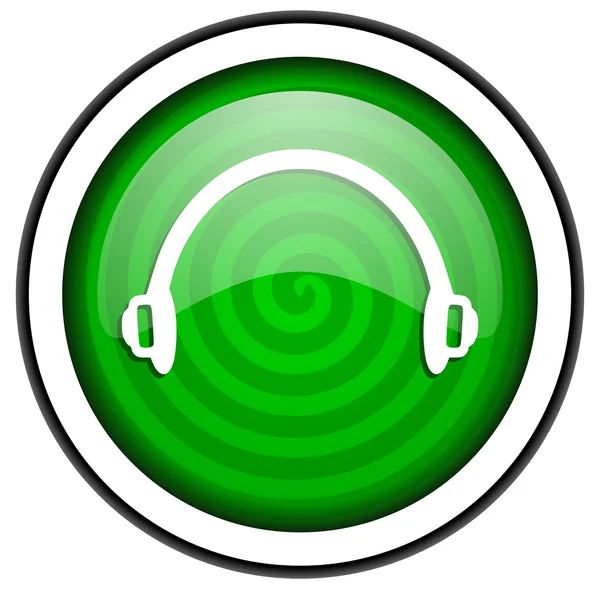 ヘッドフォン緑の光沢のあるアイコンが白い背景で隔離 — ストック写真