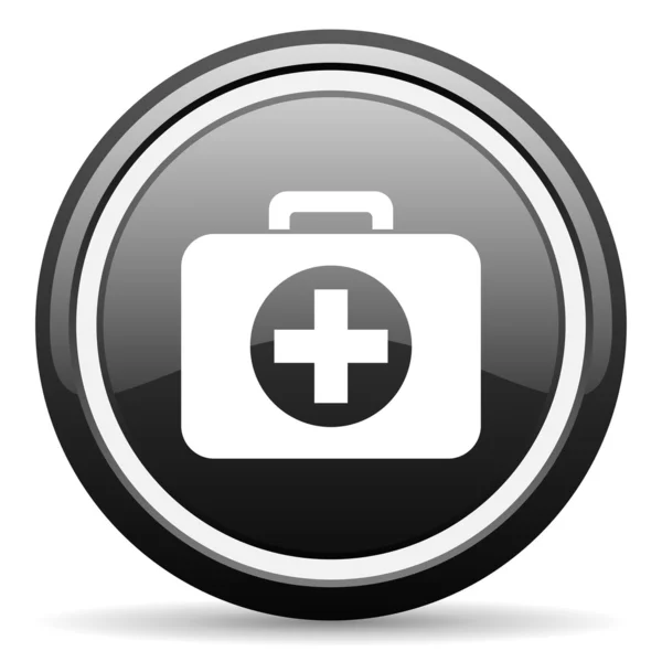 Kit de primeros auxilios negro icono brillante sobre fondo blanco —  Fotos de Stock