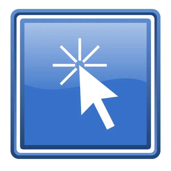 Haga clic aquí azul brillante icono web cuadrada aislado — Foto de Stock