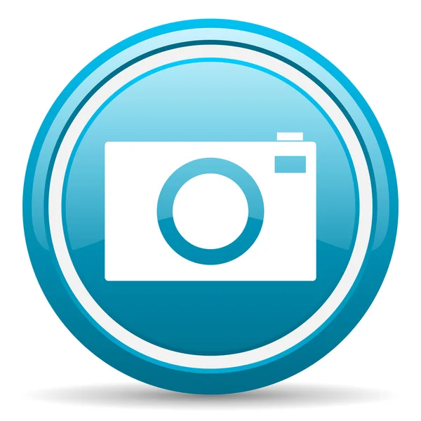 Fotocamera blu icona lucida su sfondo bianco — Foto Stock