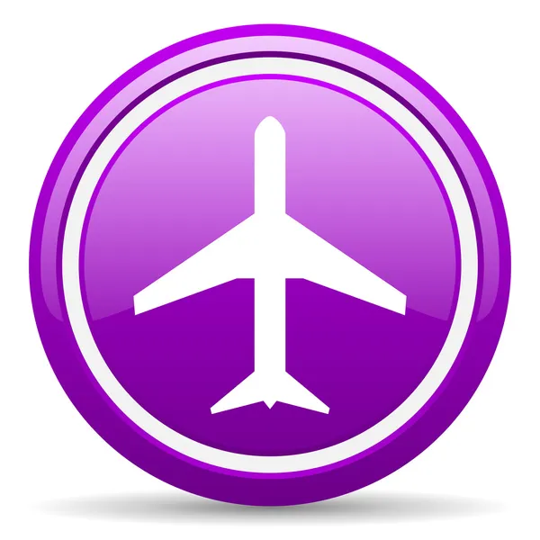 Ikon glossy pesawat ungu pada latar belakang putih — Stok Foto