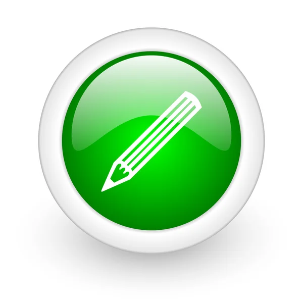 Зеленый карандаш круга глянцевая иконка паутины на белом фоне — стоковое фото