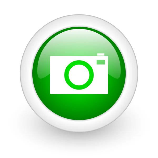 Kamera vihreä ympyrä kiiltävä web kuvake valkoisella taustalla — kuvapankkivalokuva