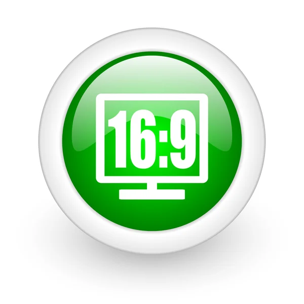 16 9 mostrar el icono de la web brillante círculo verde sobre fondo blanco —  Fotos de Stock