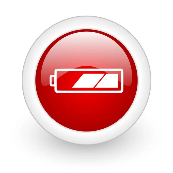 Иконка батареи красный круг глянцевая паутина на белом фоне — стоковое фото