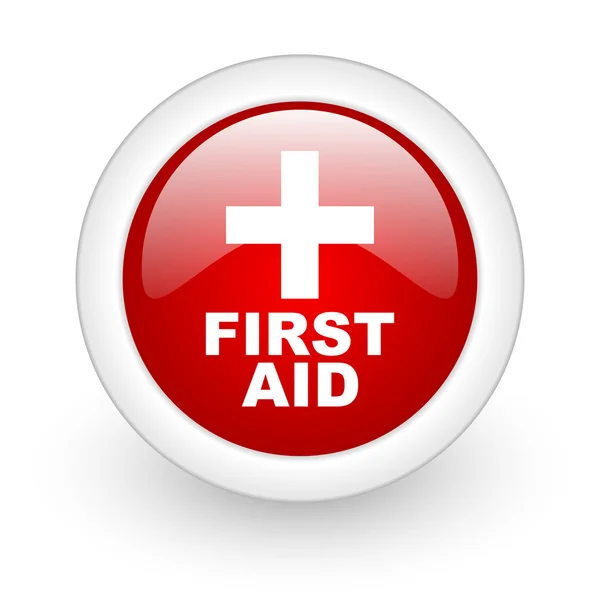 Primeros auxilios círculo rojo brillante icono web sobre fondo blanco —  Fotos de Stock