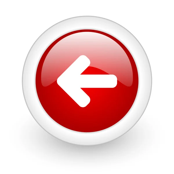 Flecha izquierda círculo rojo brillante icono web sobre fondo blanco — Foto de Stock