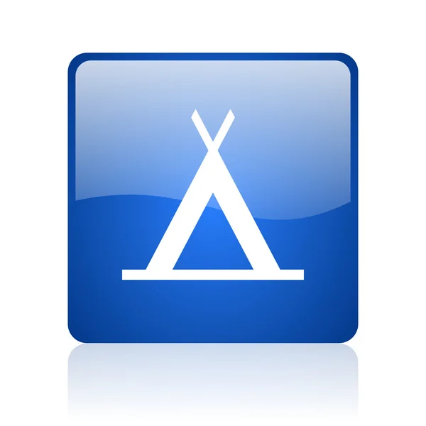 Camping blue square glossy web icon on white background — Stock Photo, Image