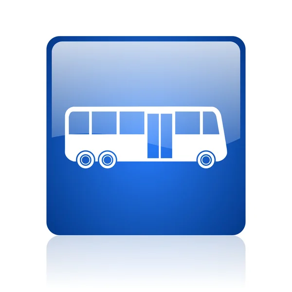 Mavi kare parlak web simgesi beyaz zemin üzerine otobüs — Stok fotoğraf