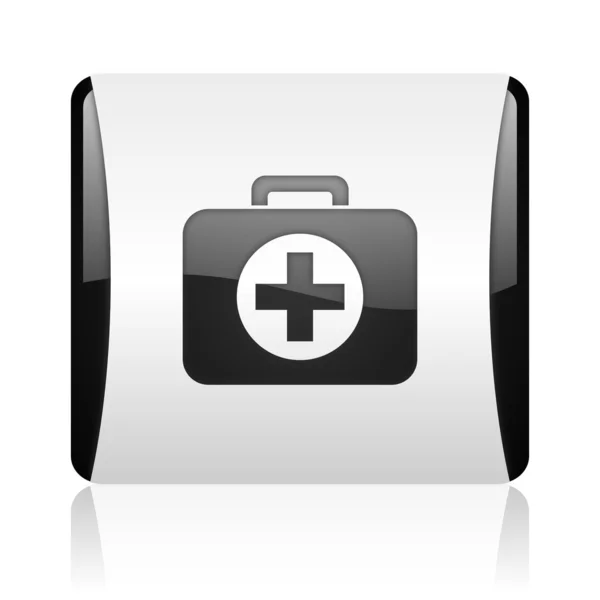 Verbandskasten schwarz-weiß quadratisch Web-Hochglanz-Symbol — Stockfoto